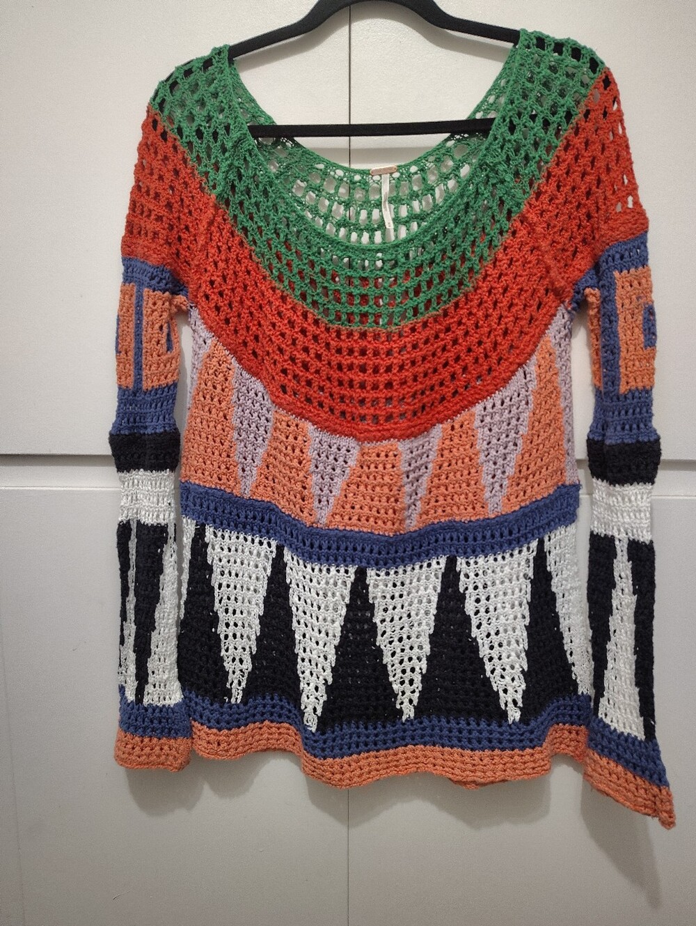 Free People Modern Art Geometric Knit Crochet Pullover Sweater Top Size M
